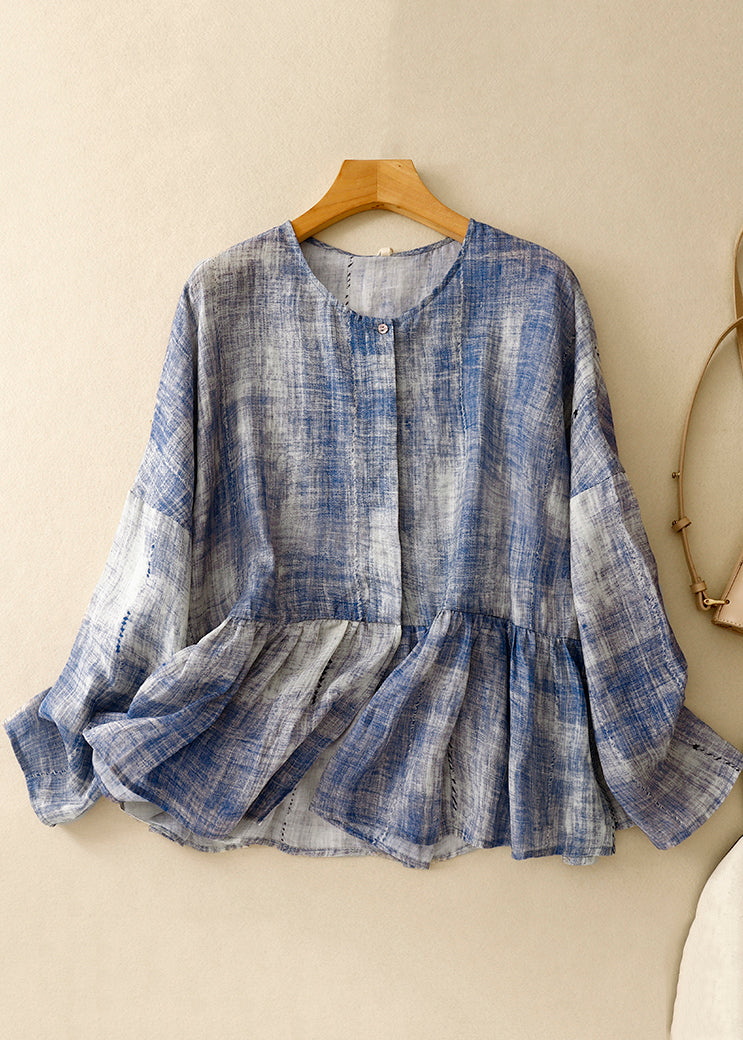 Blue O Neck Tie Dye Patchwork Cotton Shirts Spring
