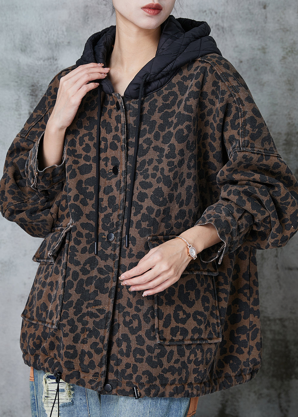 Coffee Hooded Leopard Print Warm Fleece Coat Spring