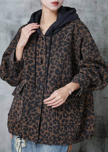 Coffee Hooded Leopard Print Warm Fleece Coat Spring