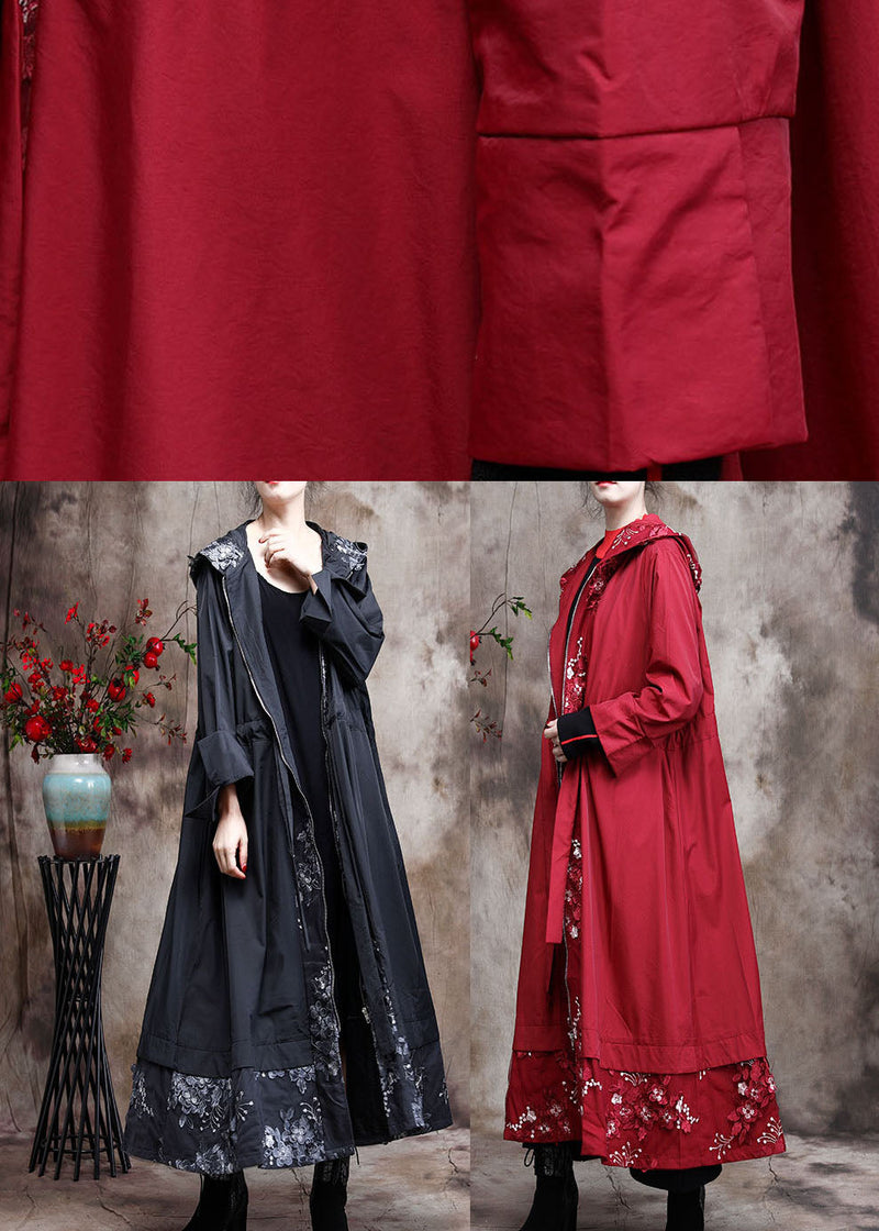 Black Hooded Patchwork Spring Trench Coats