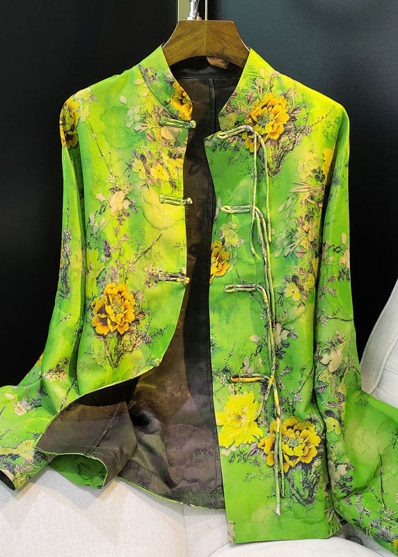 Chinese Style Black Button Stand Collar Jacquard Silk Coats Spring