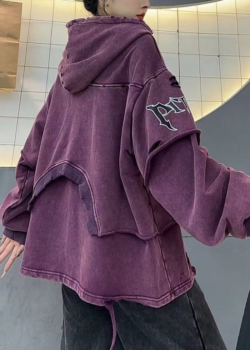Purple Hooded Hole Pockets Cotton Sweatshirts Fall