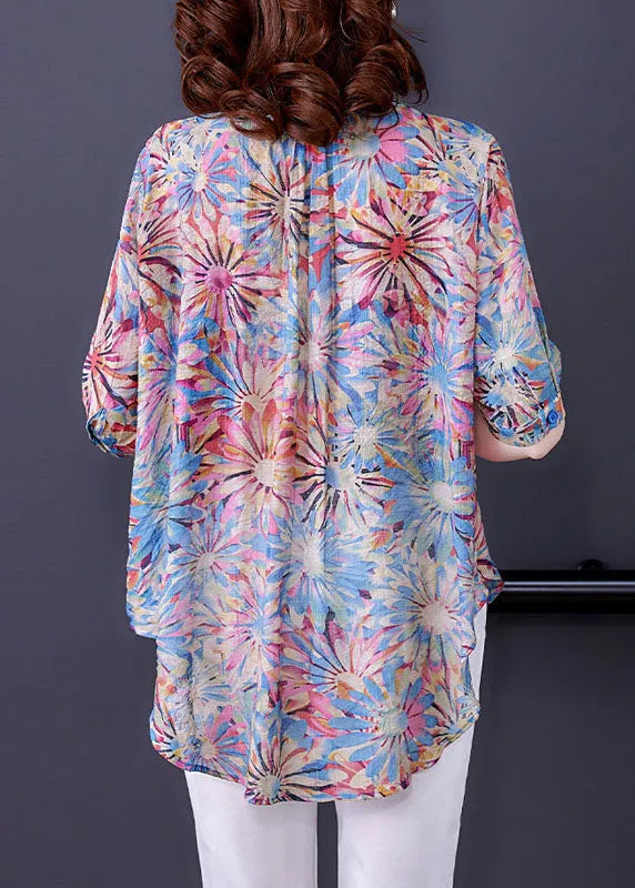 Blue V Neck Button Print Chiffon Shirt Top Half Sleeve