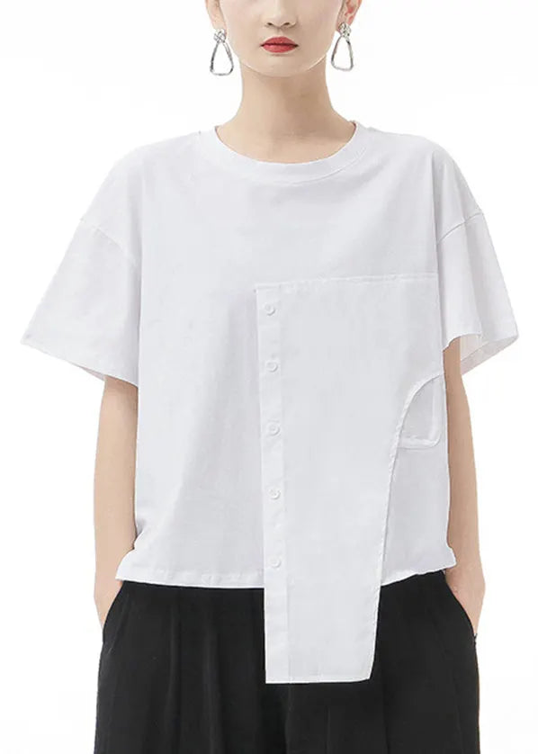 Stylish Black Button O-neck Patchwork Tank Short Sleeve