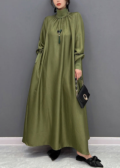 Green Hign Neck Wrinkled Patchwork Silk Long Dresses Fall