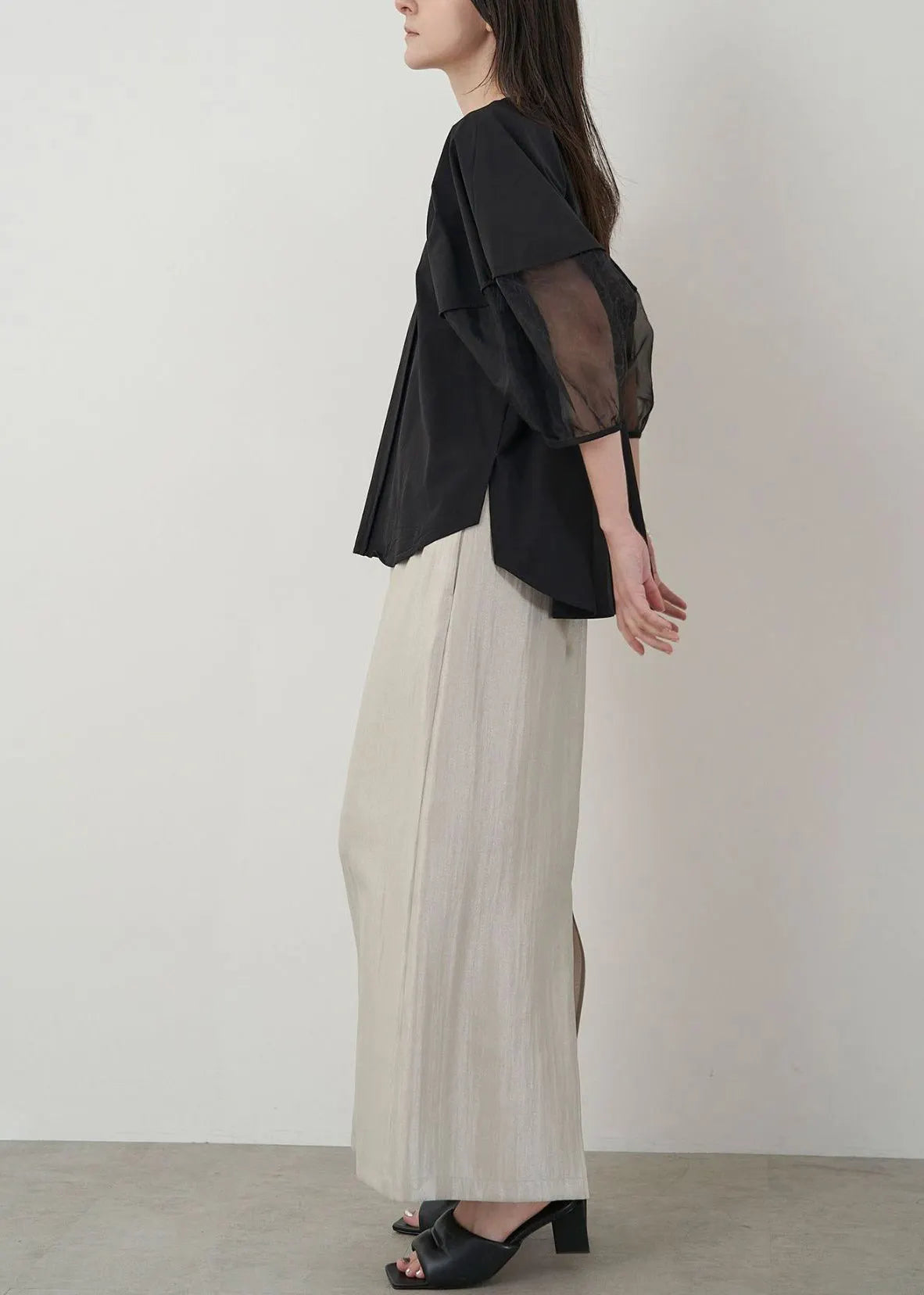 Black Patchwork Organza Shirt Oversized Puff Sleeve