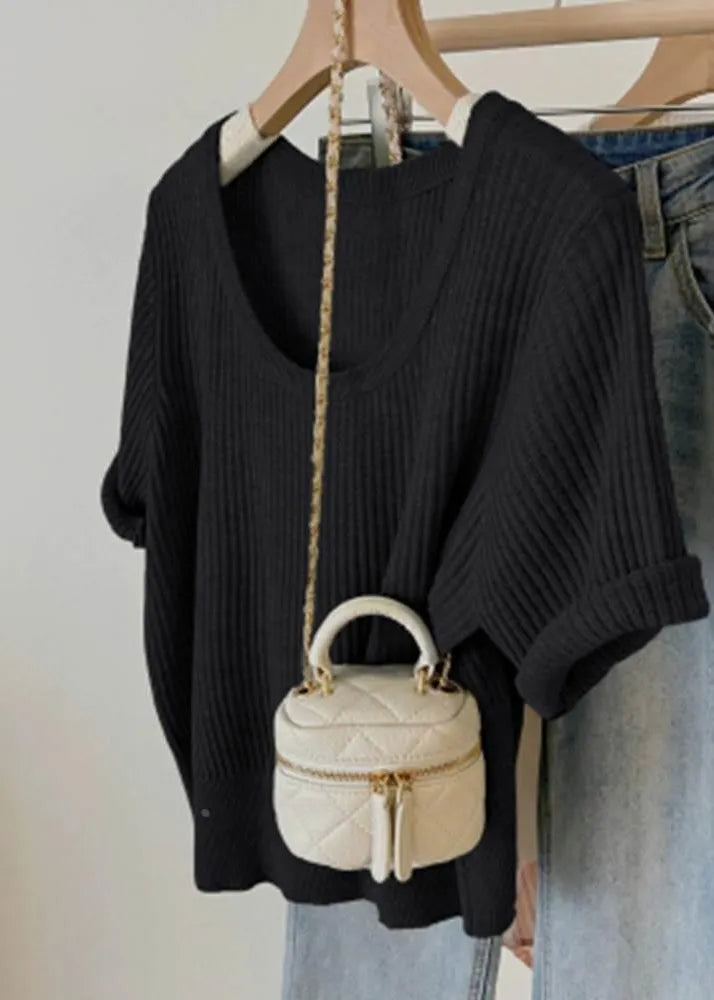 Simple Style Green U Neck Knit Top Short Sleeve