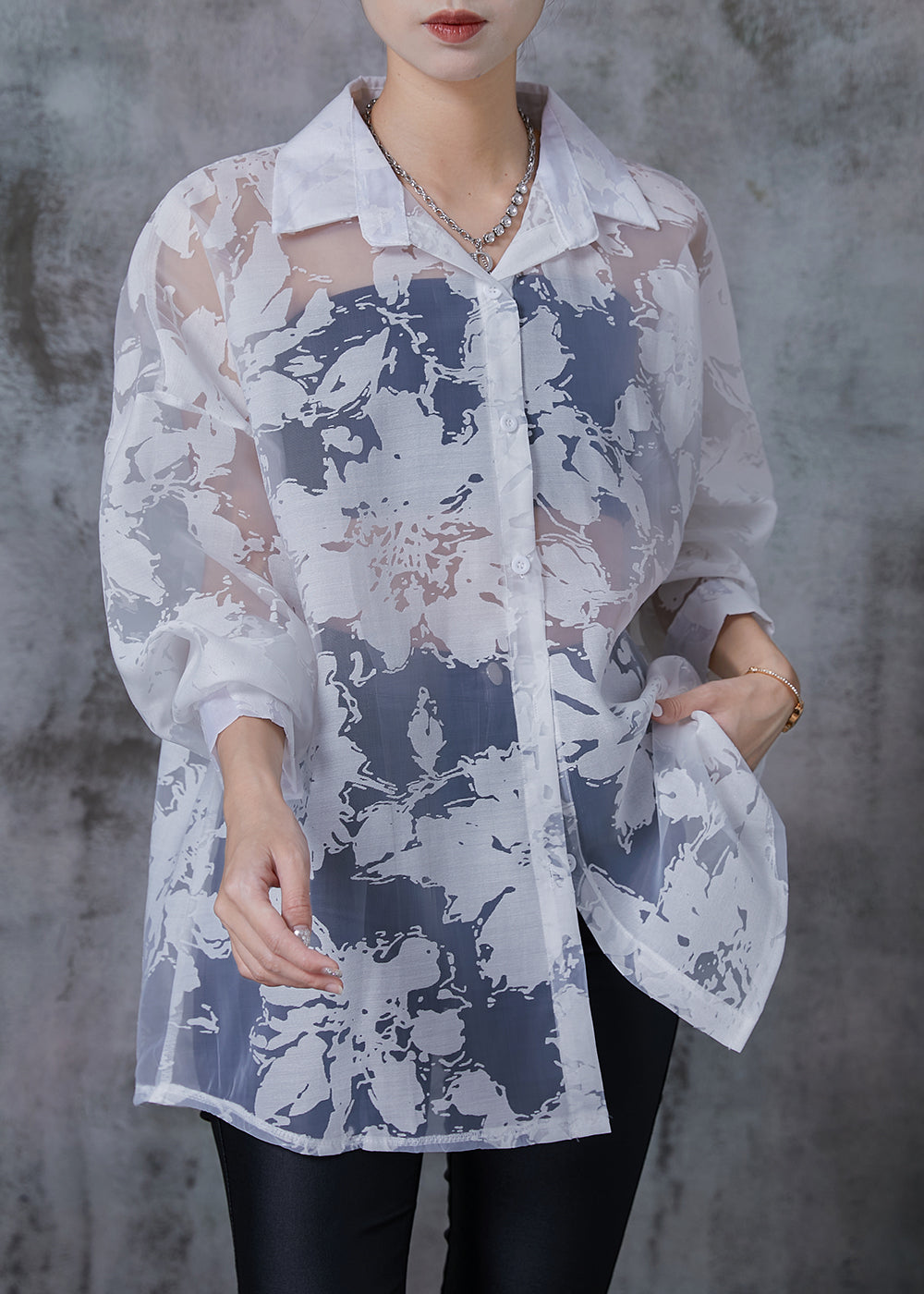 Stylish White Oversized Print Chiffon Upf 50+ Top Summer