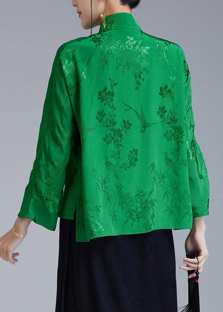 Green Stand Collar Jacquard Diagonal Button Silk Top Long Sleeve