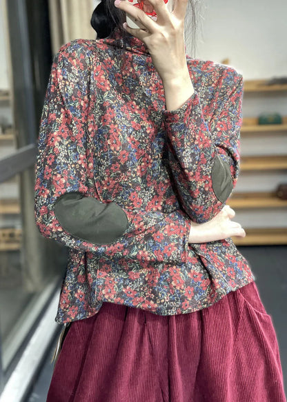 Yellow Turtle Neck Patchwork Print Cotton Top Fall