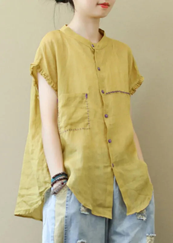 Modern Yellow Stand Collar Button Pockets Linen Blouse Top Short Sleeve