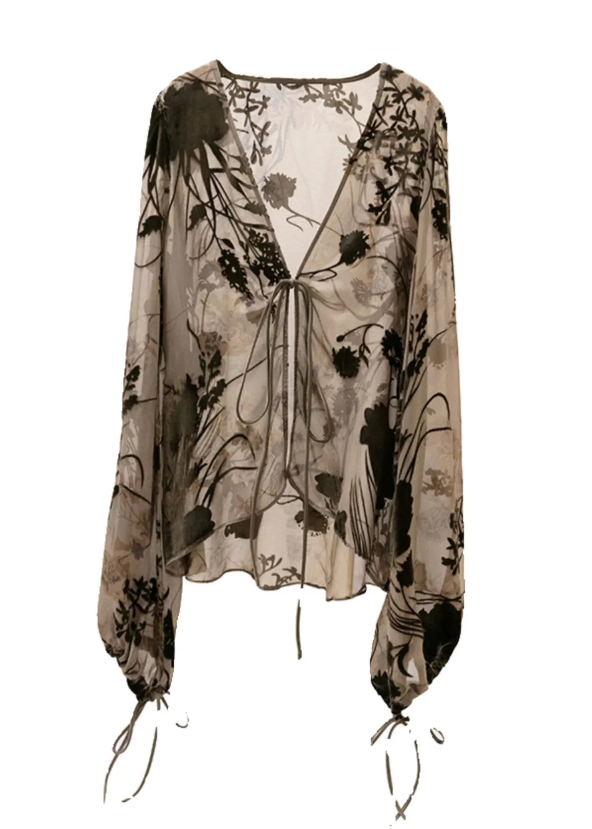 Art Grey V Neck Tie Lace Tulle Top Lantern Sleeve