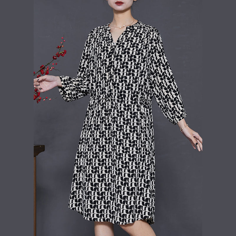 Black Cinched Print Silk Mid Dress Summer