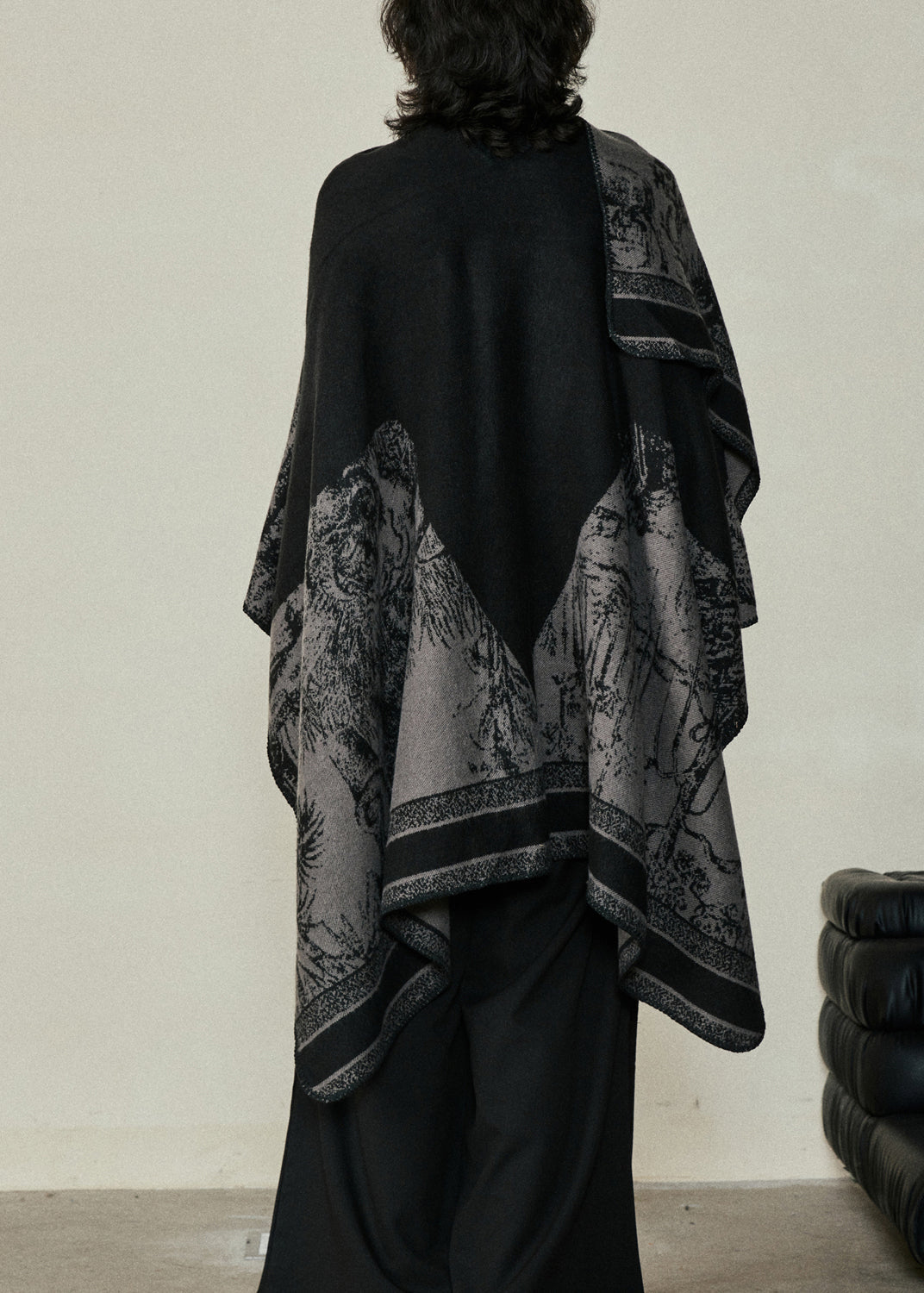 Organic Black V Neck Print Cotton Knit Shawl Coats Fall