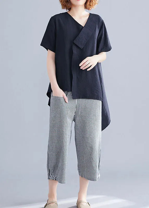 Handmade Black Asymmetrical Patchwork Cotton T Shirt Short Sleeve