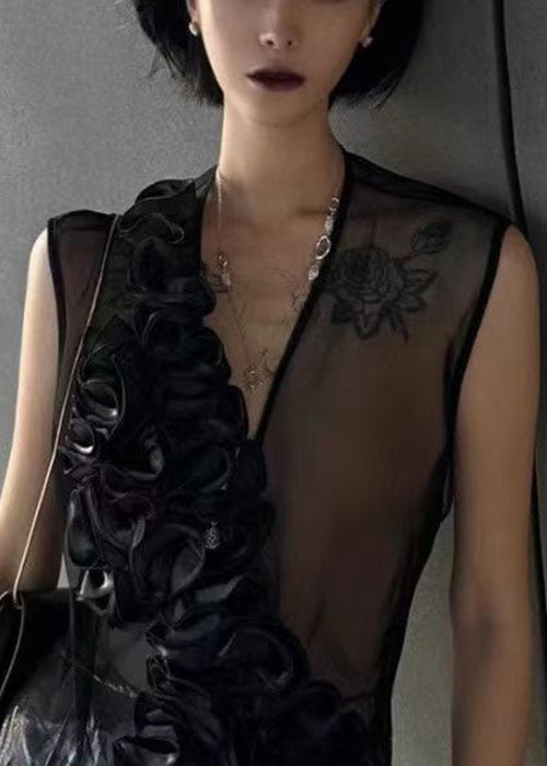 Black V Neck Ruffled Original Design Tulle Top Sleeveless