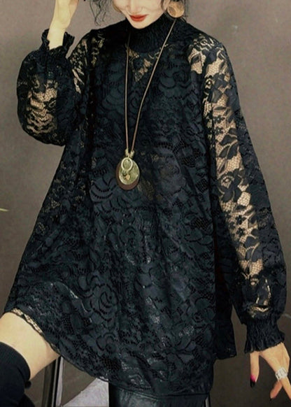 Versatile Korean Fit Long Sleeve Coffee Lace Top