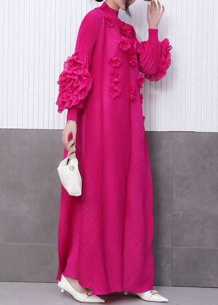 Rose Stand Collar Decorated Chiffon Long Dresses Fall