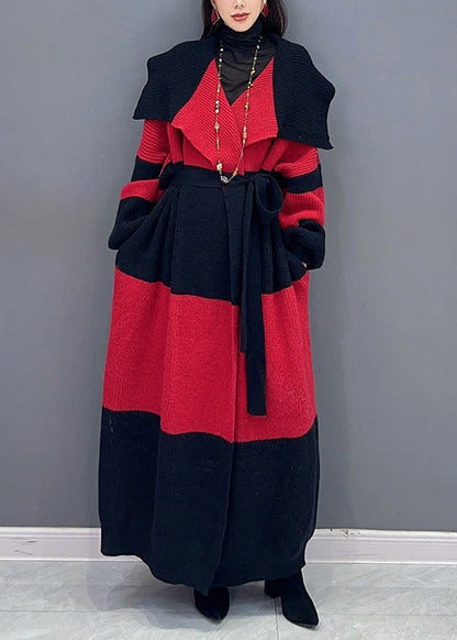 Loose White Tie Waist Pockets Patchwork Cotton Knit Long Trench Coat Spring