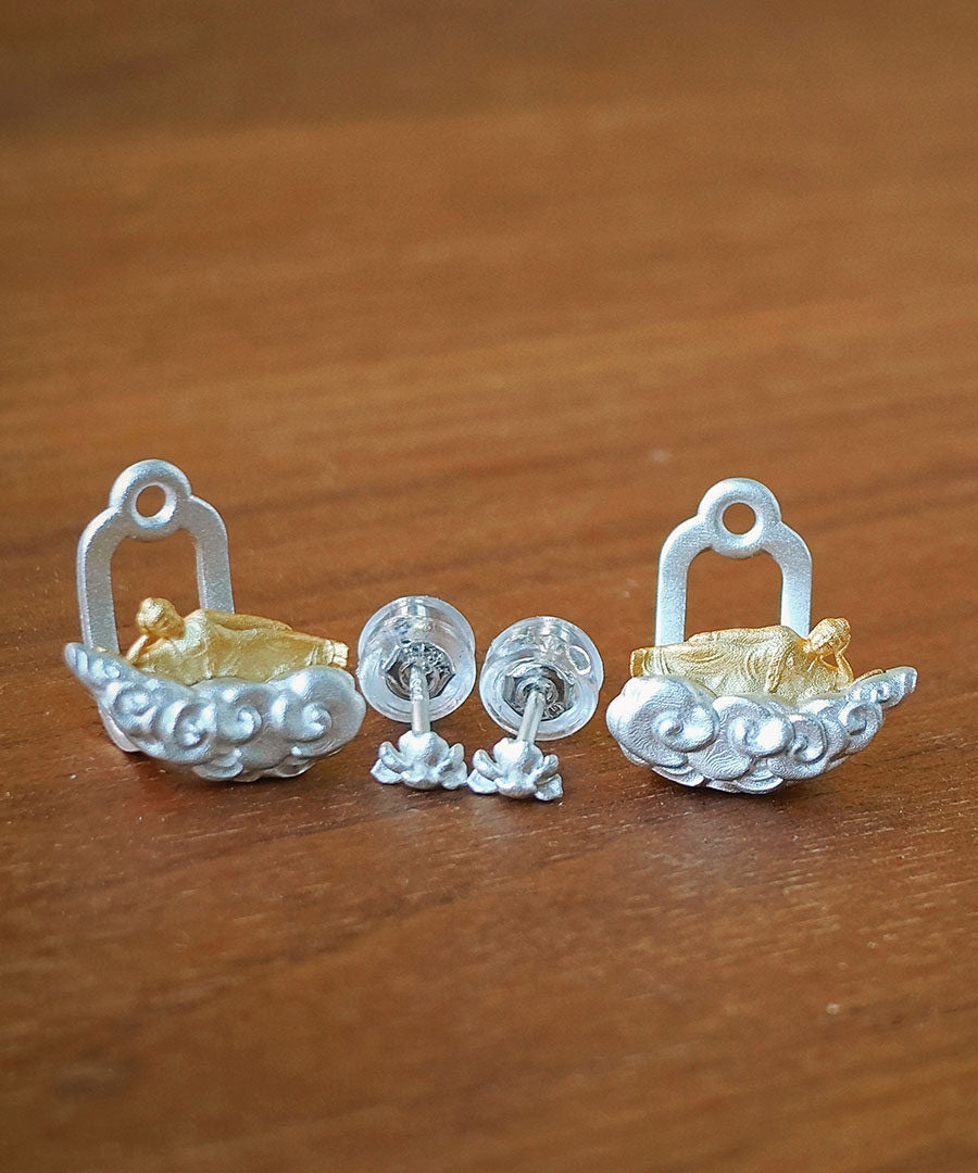 Handmade Original Tiankai Sleeping Buddha Silver Stud Earrings