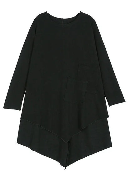 Black Asymmetrical Pockets Cotton Shirt Spring