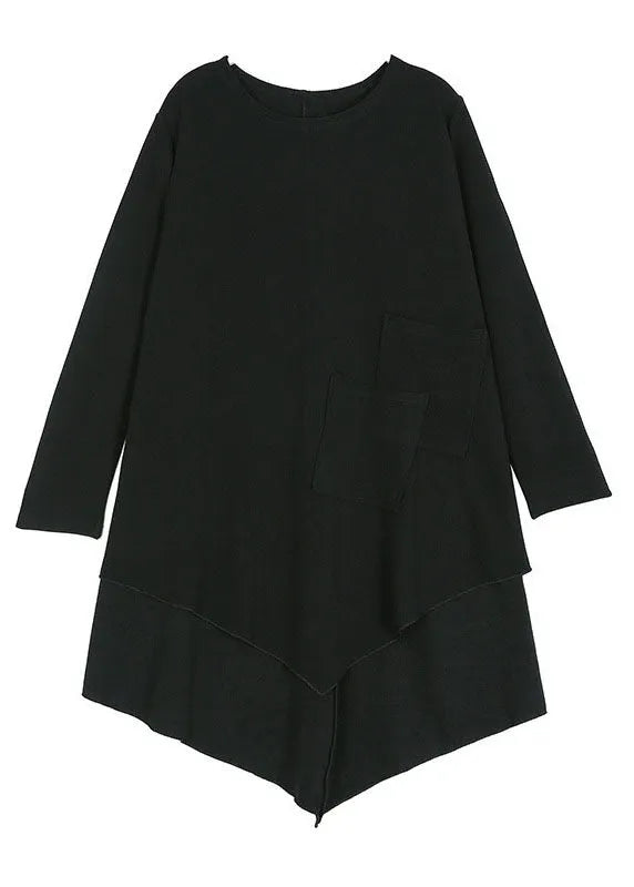 Black Asymmetrical Pockets Cotton Shirt Spring