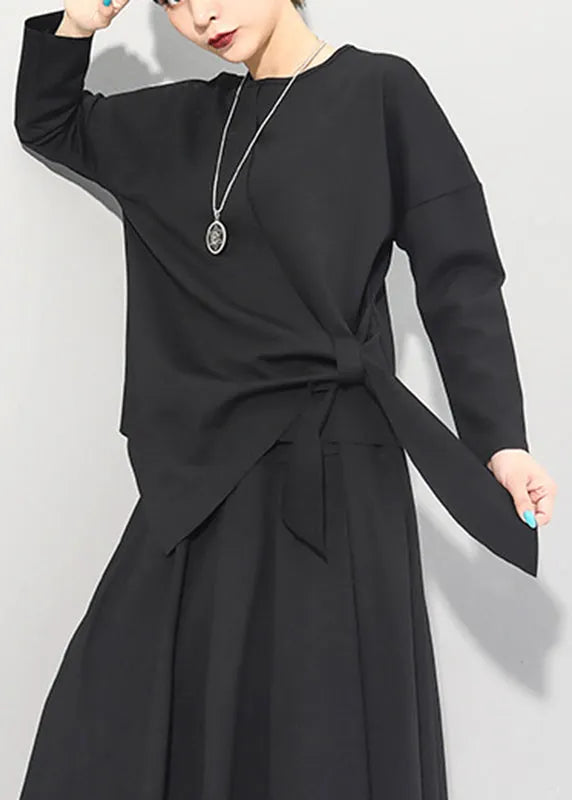 Black O-neck Asymmetrical Tie Waist Bow Top Long Sleeve