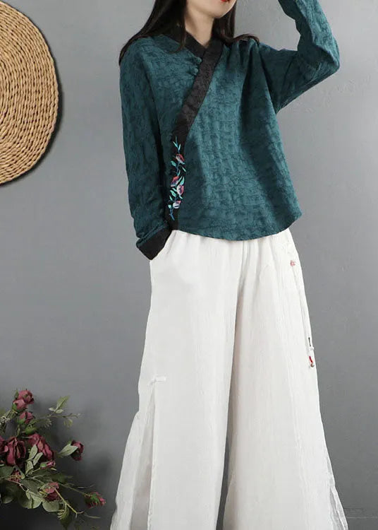 Tea Green V Neck Long Sleeve Shirts