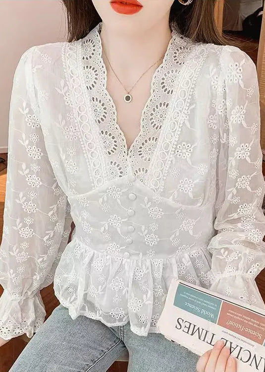 White Embroidered Hollow Out Cotton Blouses Spring