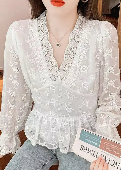 White Embroidered Hollow Out Cotton Blouses Spring