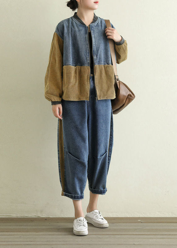 Khaki Zip Up Corduroy Patchwork Denim Coat Long Sleeve