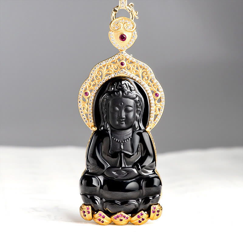 Buddha Stones Natural Black Jade Kwan Yin Avalokitesvara Wealth Titanium Steel Chain Necklace Pendant