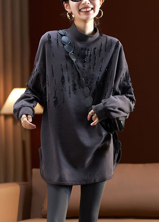 Dark Gray Turtleneck Nail Bead Cotton Sweatshirt Long Sleeve