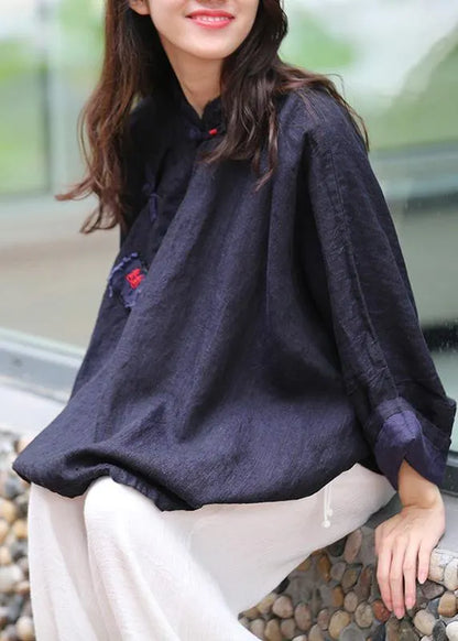 Stand Collar Batwing Sleeve Tunic Cotton Navy Shirts Spring