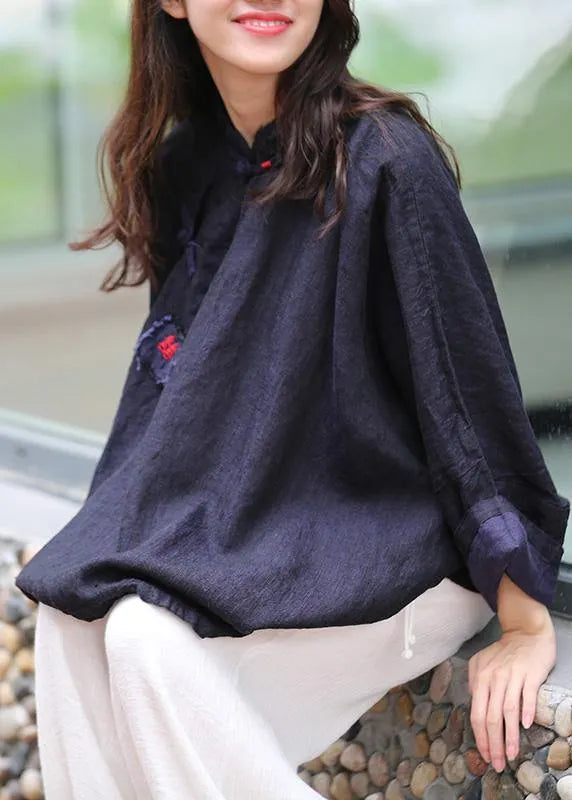 Stand Collar Batwing Sleeve Tunic Cotton Navy Shirts Spring