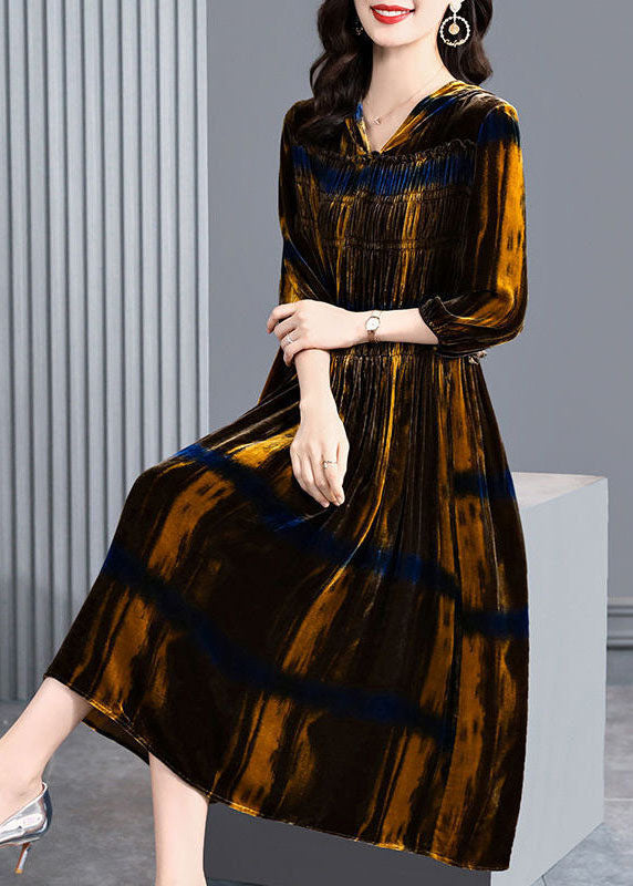Brown Hooded Ruffled Wrinkled Silk Velour Maxi Dresses Spring