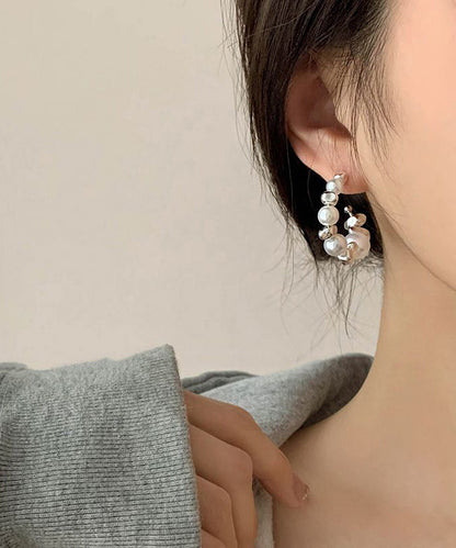 Original White Sterling Silver Pearl Broken Silver Hoop Earrings