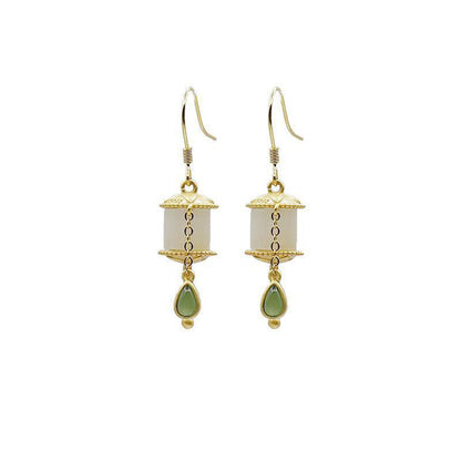Buddha Stones 925 Sterling Silver Jade Prayer Wheel Luck Drop Earrings