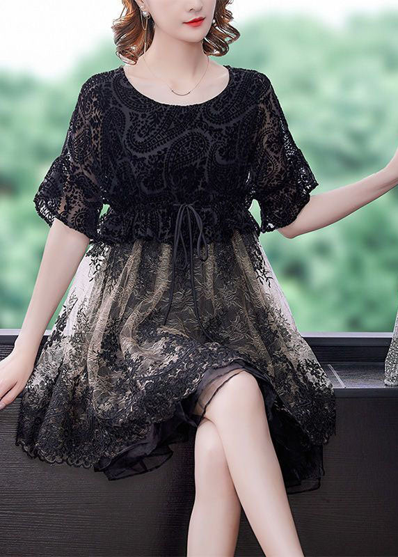 French Black O-neck Patchwork Organza Cinch Dress Summer