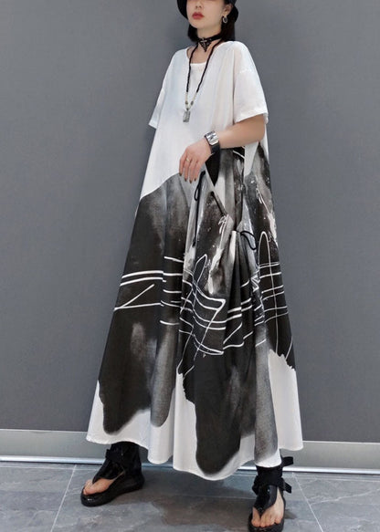 Italian Black Asymmetrical Drawstring Print Patchwork Ankle Dress Spring
