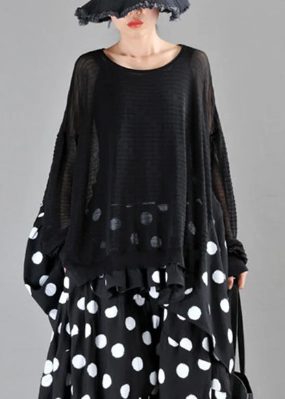 Loose Black O-neck Dot Print Patchwork Knit Cotton Top Long Sleeve