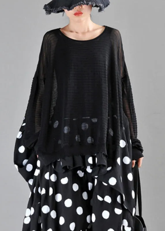 Loose Black O-neck Dot Print Patchwork Knit Cotton Top Long Sleeve