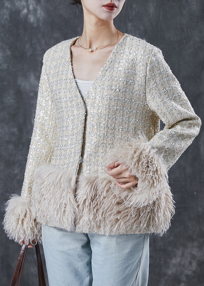 French Beige V Neck Patchwork Cotton Coat Spring