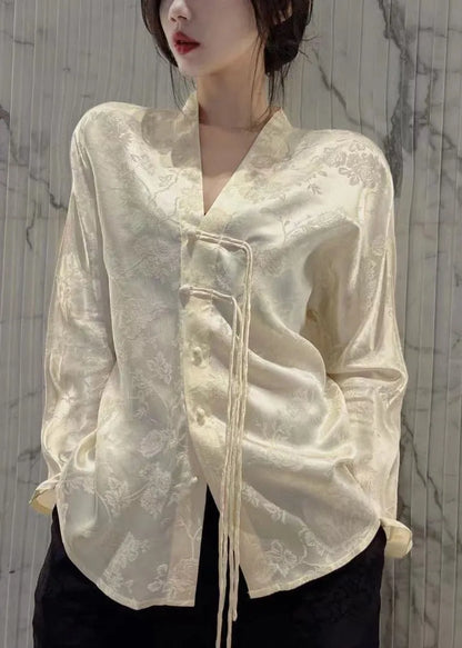Chinese Style Yellow V Neck Jacquard Silk Shirt Tops Long Sleeve