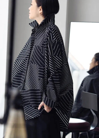 Black Peter Pan Collar Asymmetrical Striped Button Low High Design Cotton Shirt Long Sleeve