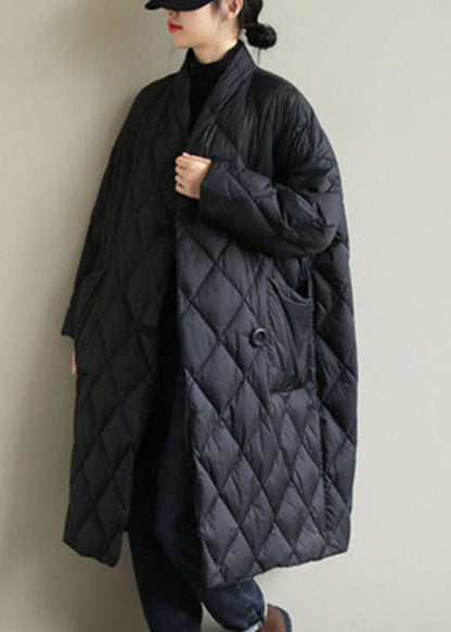 Street Black Stand Collar Button Pockets Winter Down Coat Long Sleeve