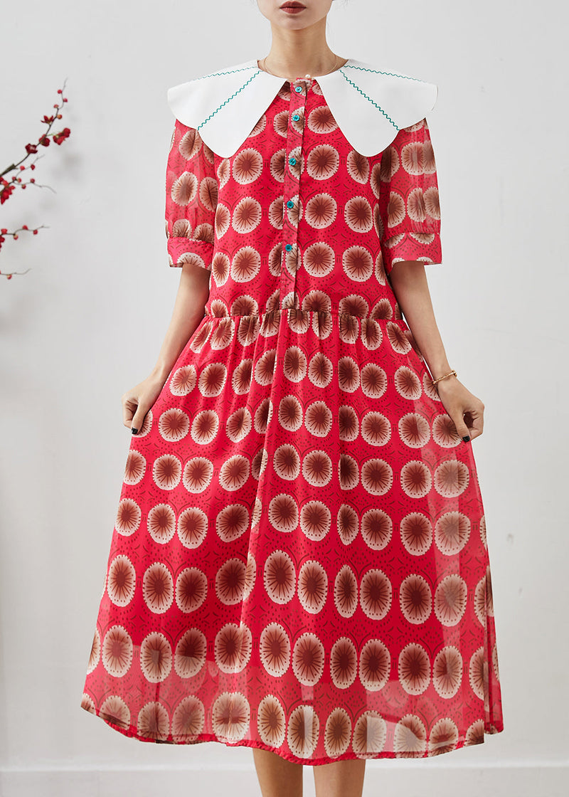 Red Peter Pan Collar Print Chiffon Long Dress Summer