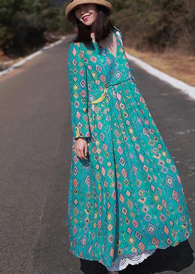 Organic Green Print Dress V-neck Spring Dress