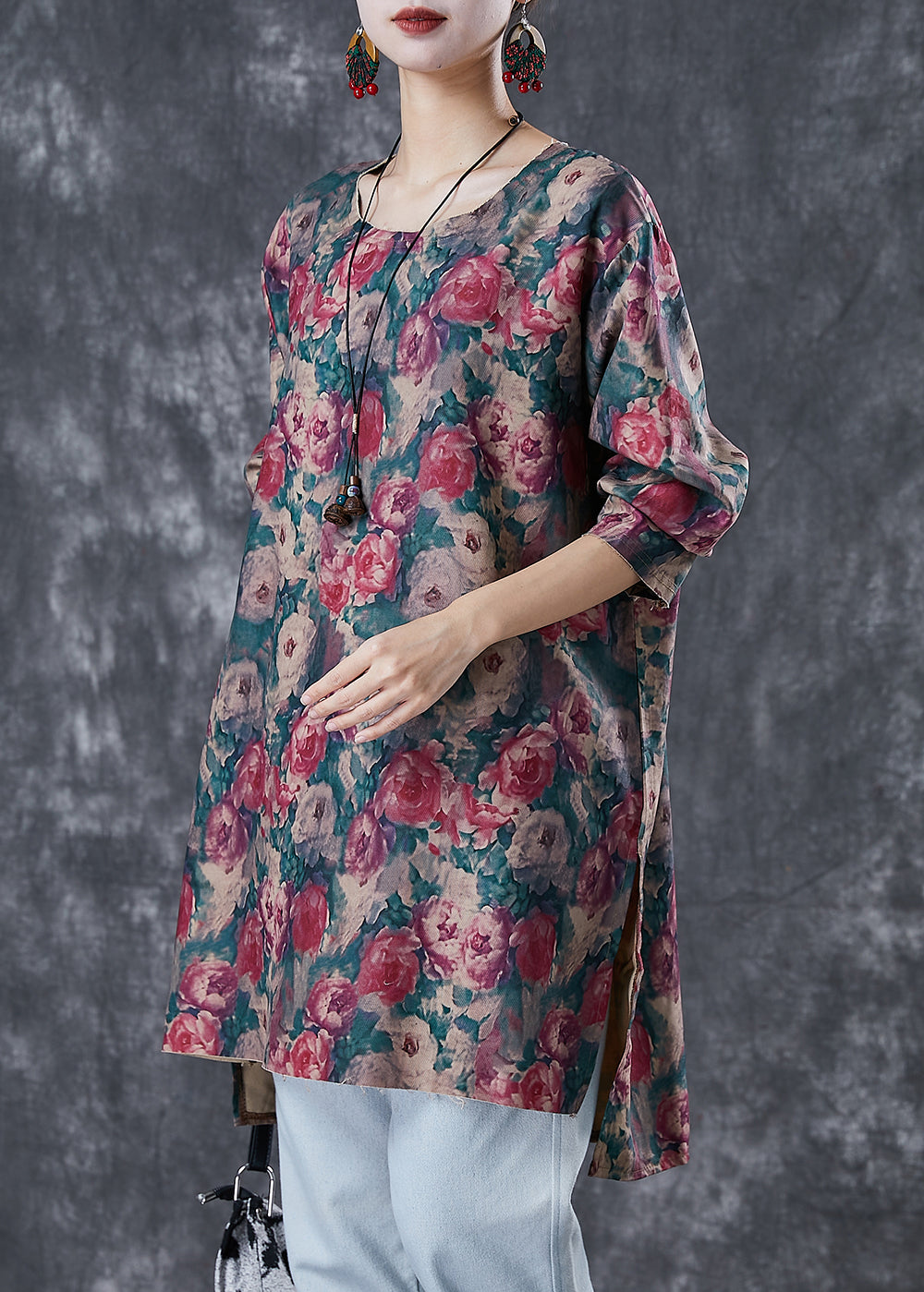 Red Print Side Open Linen Mini Dresses Fall