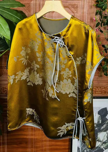 Jacquard Yellow O-neck Lace Up Patchwork Silk Tops Summer